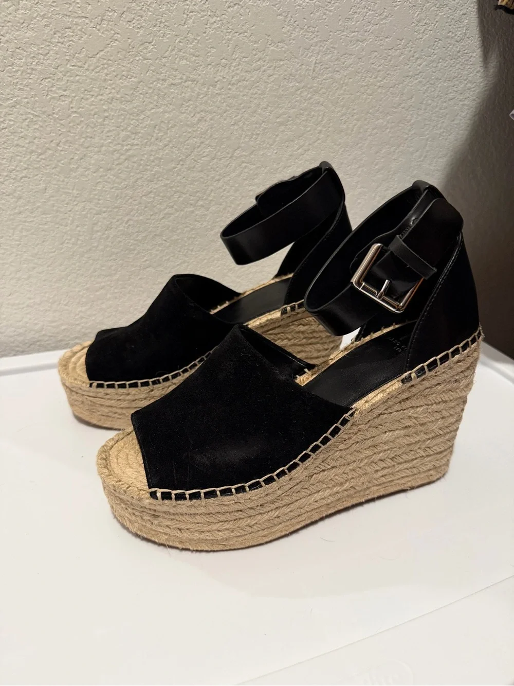 NWOT Marc Fisher Black Suede Espadrille Wedge Adalyn Sandals with Ankle Strap